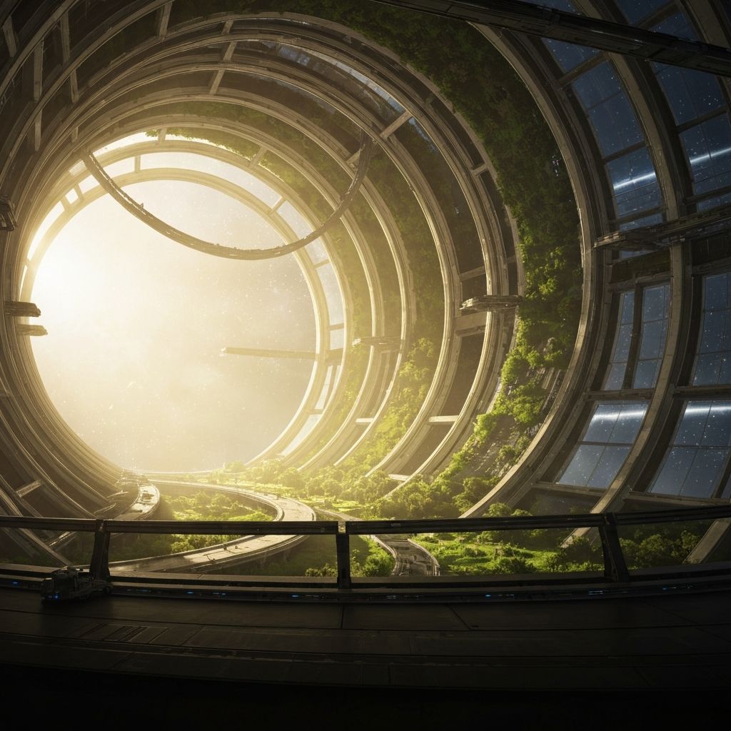 Interior of an O'Neill cylinder space colony showing curved landscapes and habitation