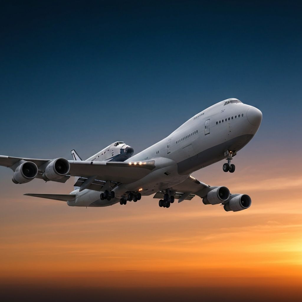 NASA 747 Shuttle Carrier Aircraft carrying a shuttle payload against a dramatic sky