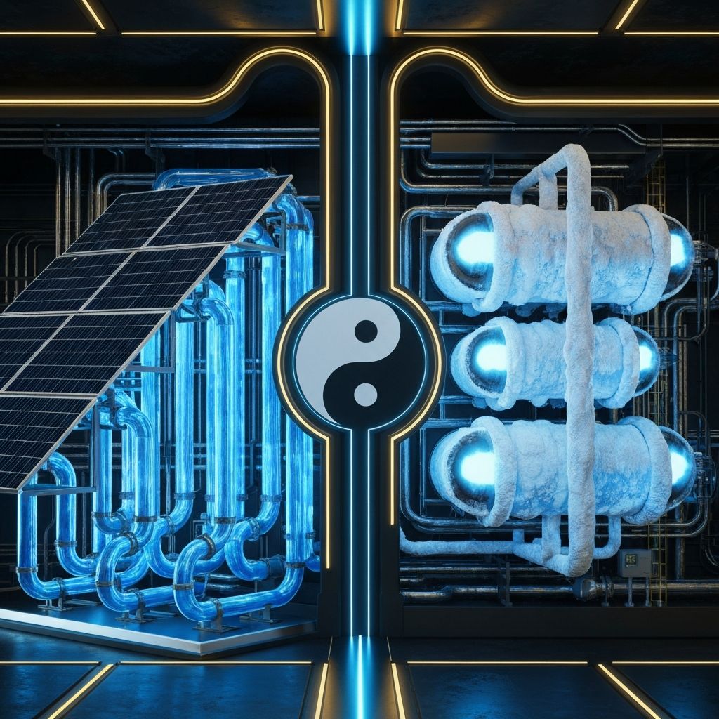 Concept visualization of the Solar-Cryo Harmony hybrid cooling system with solar panels and cryogenic chambers