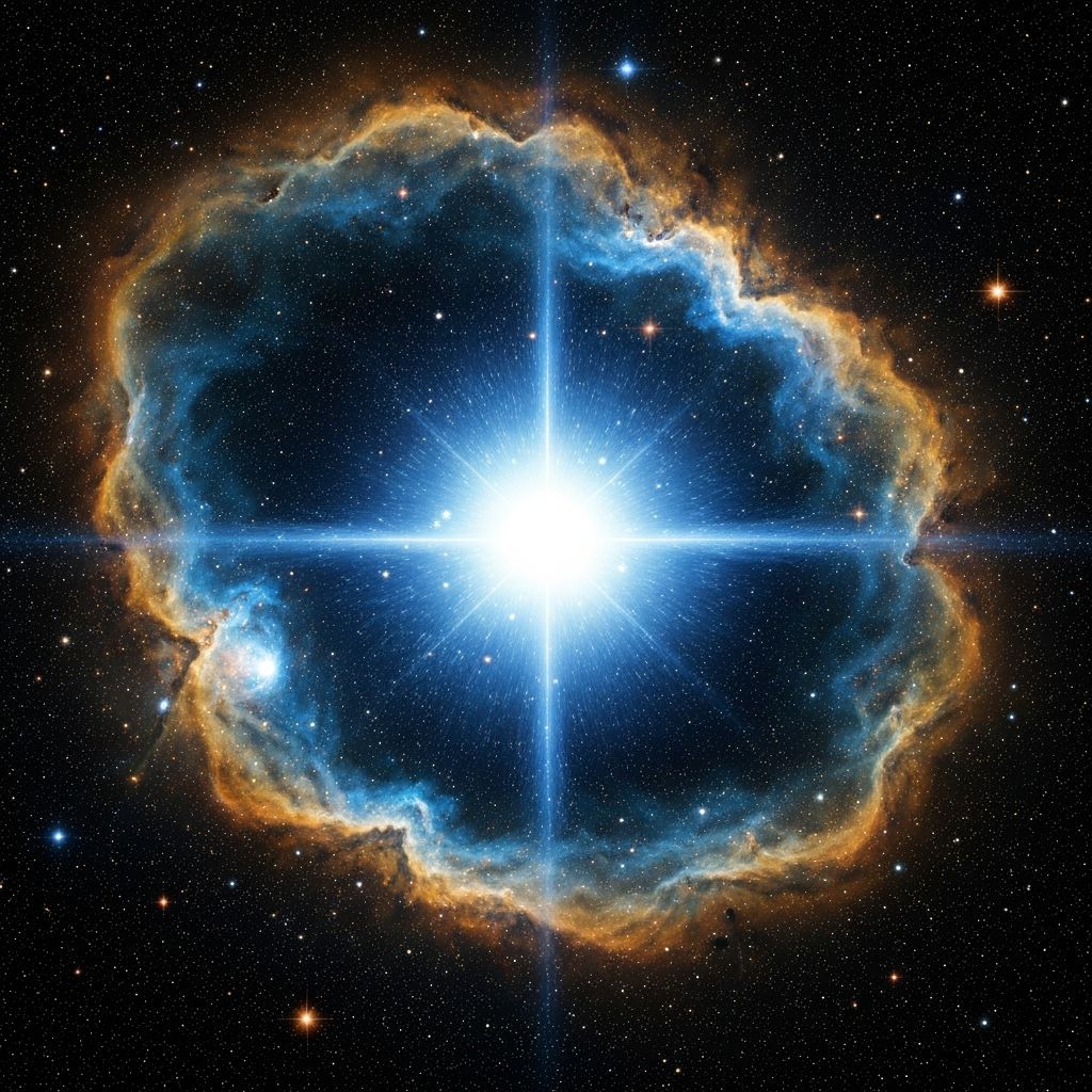 Artist's rendering of a white dwarf star illuminating surrounding nebula